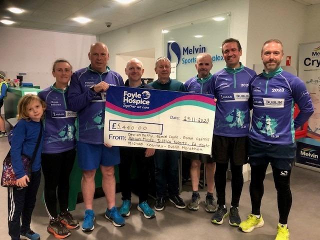 Members of the Melvin Running Club, Strabane who took part in the Dublin Marathon in aid of Foyle Hospice. The team known as ‘The Magnificent Seven’ are pictured here with Noel McMonagle, Foyle Hospice and Team Members, Declan Duffy (Team Lead), Eamon Coyle, Adrian Moore, Donal Cairns , Jessica Roberts and Ed Harte. Missing from the photo is Team Member, Michael Kearney.