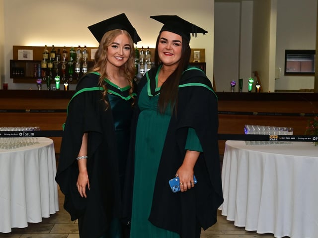 Pacemaker Press 13/12/22From L-R Kate Devlin from Drumquin and Ellen McBride from Omagh ,Who graduated in Nursing at the Ulster University graduation in the Millennium Forum in Derry on Tuesday.Pic  Pacemaker:.