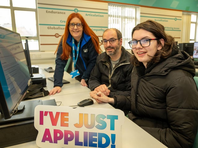Caitlyn and Ralph Thom pictured with Louise Nash from Admissions at Open Day at North West Regional College's Strand Road campus. (Pic Martin McKeown)