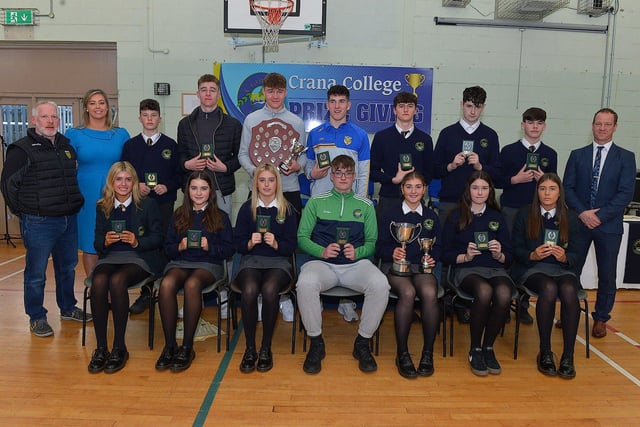 Students who received Sports Awards, at the annual Crana College Prize Giving on Friday afternoon last, pictured with Mr Brian Roper guest speaker, on the left, Ms Clare Bradley (BOM) and Mr Kevin Cooley principal. Photo: George Sweeney DER2246GS - 91