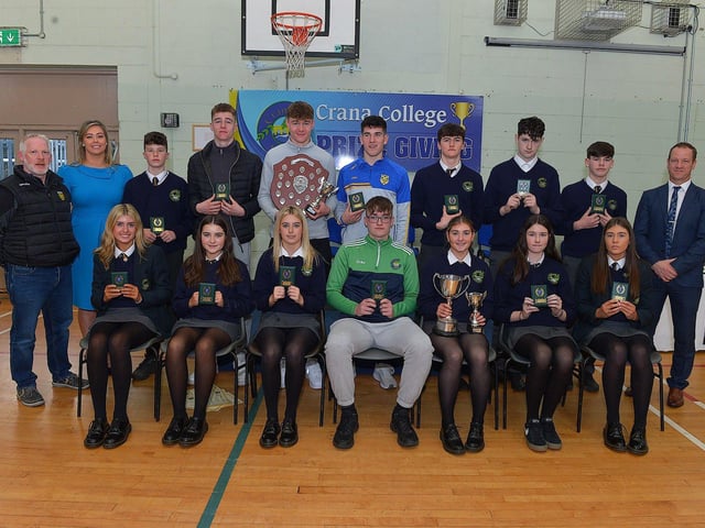 Students who received Sports Awards, at the annual Crana College Prize Giving on Friday afternoon last, pictured with Mr Brian Roper guest speaker, on the left, Ms Clare Bradley (BOM) and Mr Kevin Cooley principal. Photo: George Sweeney DER2246GS - 91