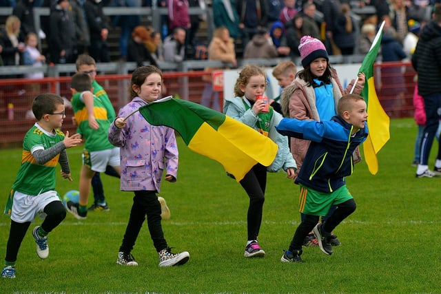 Young fans of Watty Graham’s, Glen,pictured at the SFC final game against Slaughtneil, in Celtic Park, on Sunday afternoon last.  DER2243GS – 016