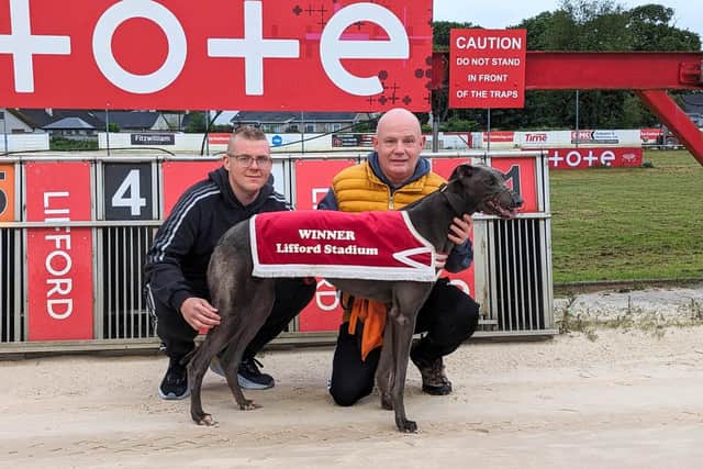 Sniper Big Joe with owner Kevin O'Kane and his son Kealan O’Kane.