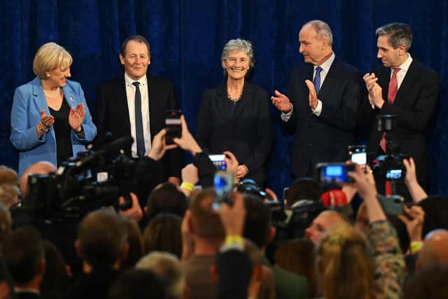 President-elect Catherine Connolly is applauded by the government party leaders and other candidate at the official declaration at Dublin Castle on October 25, 2025 in Dublin, Ireland. Friday's election to replace Michael D. Higgins was between the left-wing independent candidate Catherine Connolly and Fine Gael's Heather Humphreys. (Photo by Charles McQuillan/Getty Images)