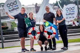 Foyle Search and Rescue will provide comprehensive water safety cover for the 2026 Europe Triathlon Cup — City of Derry after being named the event’s Official Charity Partner. The charity’s volunteers will also hold bucket collections and promote volunteering throughout race day. Pictured, from left, are Anthony McMenamin, Dawn Grieve and Christina McKeegan of Foyle Search and Rescue with Ian Cullen, Deputy Race Director, and Laura Colhoun, Race Director.