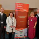 Pictured at the launch of the Best of Derry 2023 Awards in the Guildhall on Wednesday morning are, from left, Brendan McDaid, Editor of the Derry Journal, Sandra Biddle, Foyle School of Speech and Drama, recipient of the 2022 Lifetime Achievement Award, Mayor Sandra Duffy and principal sponsor Paul McLean, managing director of BetMcLean. Photo: George Sweeney. DER2308GS – 85