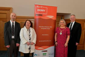 Pictured at the launch of the Best of Derry 2023 Awards in the Guildhall on Wednesday morning are, from left, Brendan McDaid, Editor of the Derry Journal, Sandra Biddle, Foyle School of Speech and Drama, recipient of the 2022 Lifetime Achievement Award, Mayor Sandra Duffy and principal sponsor Paul McLean, managing director of BetMcLean. Photo: George Sweeney. DER2308GS – 85