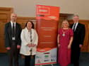 Pictured at the launch of the Best of Derry 2023 Awards in the Guildhall on Wednesday morning are, from left, Brendan McDaid, Editor of the Derry Journal, Sandra Biddle, Foyle School of Speech and Drama, recipient of the 2022 Lifetime Achievement Award, Mayor Sandra Duffy and principal sponsor Paul McLean, managing director of BetMcLean. Photo: George Sweeney. DER2308GS – 85