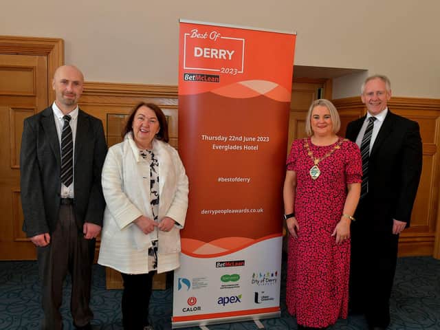 Pictured at the launch of the Best of Derry 2023 Awards in the Guildhall on Wednesday morning are, from left, Brendan McDaid, Editor of the Derry Journal, Sandra Biddle, Foyle School of Speech and Drama, recipient of the 2022 Lifetime Achievement Award, Mayor Sandra Duffy and principal sponsor Paul McLean, managing director of BetMcLean. Photo: George Sweeney. DER2308GS – 85