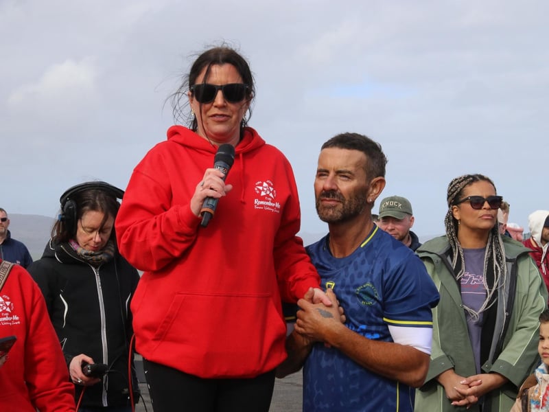 Louise James speaking at The 10th Anniversary 5K walk in memory of her family. (Photo - Deirdre Heaney, nwpresspics) : Buncrana Pier Tragedy 10th Anniversary Remembrance Walk. Photos: Deirdre Heaney, nwpresspics.