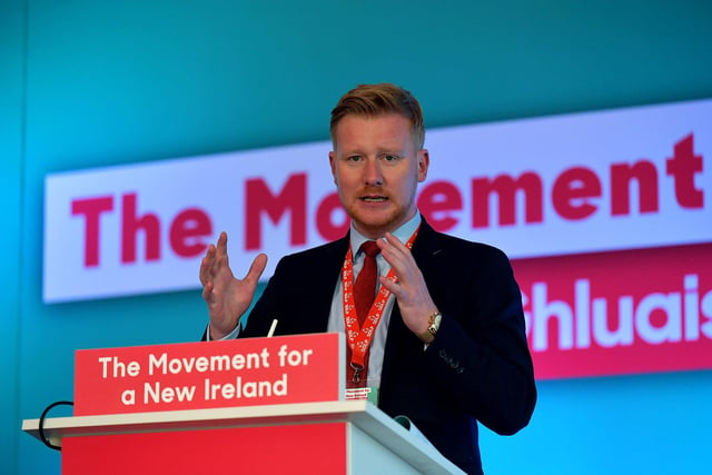 Daniel McCrossan MLA, spokesperson for Social Justice, speaking at the SDLP annual Conference, on Saturday morning, in St Columb’s Hall. Photo: George Sweeney. DER2312GS – 43