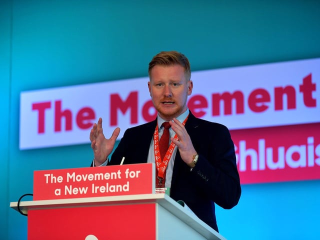 Daniel McCrossan MLA, spokesperson for Social Justice, speaking at the SDLP annual Conference, on Saturday morning, in St Columb’s Hall. Photo: George Sweeney. DER2312GS – 43