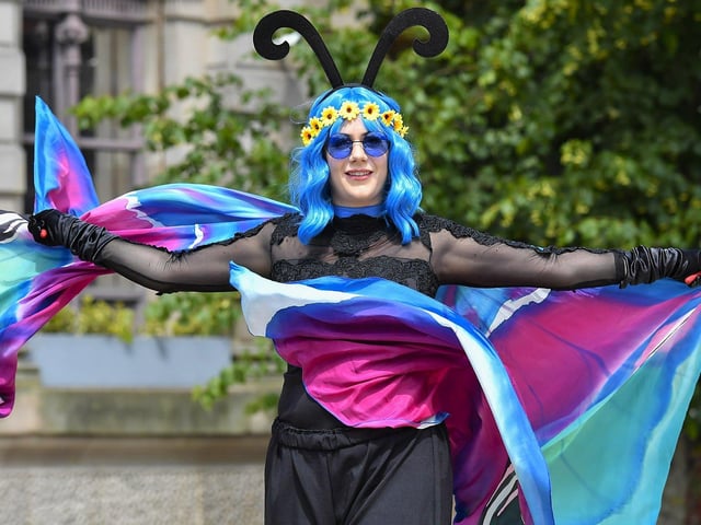 A member of the In Your Space Circus in Guildhall Square during the Carnival of Colours Festival. Photo: George Sweeney