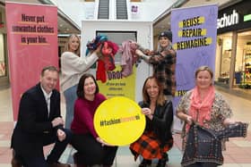 Included in photo launching the initiative are: Fergal Rafferty, Foyleside centre manager, Siobhan Purnell - Keep NI Beautiful, Jacqueline McMonagle, Foyle Hospice, Deirdre Williams, Fashion and Design Hub and students Chloe McColgan and Bridgeen Graham.
