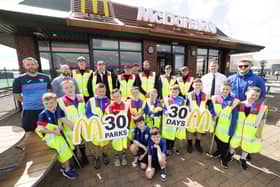 James McShane, Brendan Brown, Mark McGinty, Mark Whelan, Dylan Duncan, Tiernan O’Donaghue, Mairead Parke, Eimear Clarke and Eimhin McGill from McDonald’s Strand Road with Oxford United Stars FC coach Christy Moore and members from Oxford United Stars FC.