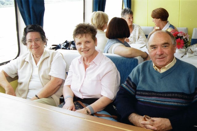 L/R:- Mamie Rosborough, Elizabeth Temple and William Temple on board the Toucan One for the Golden Link Festival senior citizens boat trip. 150803HG18