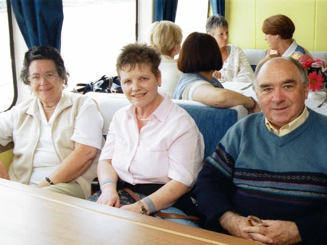 L/R:- Mamie Rosborough, Elizabeth Temple and William Temple on board the Toucan One for the Golden Link Festival senior citizens boat trip. 150803HG18
