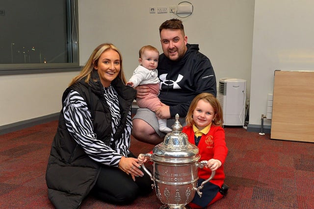 Derry City fans Natasha, Farrah, Alicia and John Kerrigan pictured with the FAI Cup at the Ryan McBride Brandywell Stadium on Thursday evening last.