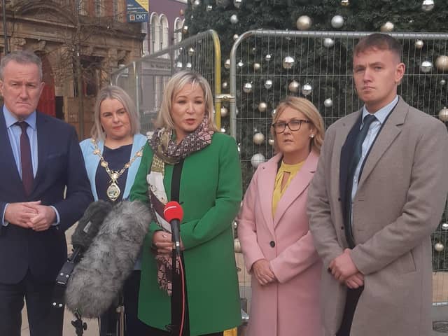 First Minister designate Michelle O'Neill in Derry with, from left, former Finance Minister and Newry and Armagh MLA Conor Murphy, the Mayor of Derry and Strabane, Councillor Sandra Duffy, and Foyle MLAs, Ciara Ferguson and Pádraig Delargy.
