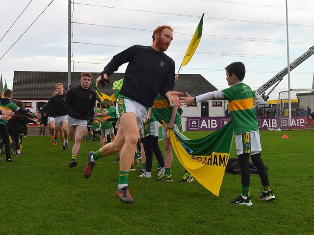 Glen Watty Graham’s Conor Glass runs onto the pitch at Celtic Park for their Ulster Senior Club Championship quarter- final against Errigal Ciaran on Sunday afternoon last. Photo: George Sweeney. DER2246GS – 027