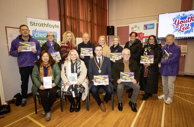 The Deputy Mayor of Derry City and Strabane District Council, Jason Barr pictured at the launch of the Strathfoyle Village Plan at the Strathfoyle Teachers Training Centre on Thursday morning. Included at front fron left are Nikki Yau, Migrants Centre NI, Elaine Donaghy, Tiny Tots Community Play Group and Martin McCartney, Maydown Community Association. Back from left, Paul Hughes, Enagh Youth Forum., Carol Devine, Libraries NI, Denise Goodwin, Strathfoyle Womens Activity Group, John Doherty, St Vincent De Paul , Diana Whoriskey, Strathfoyle Womens Activity Group, Michelle Curran, Strathfoyle Community Association, Pauline O'Neil, DCSDC and Michelle Hayden, Enagh Youth Forum.