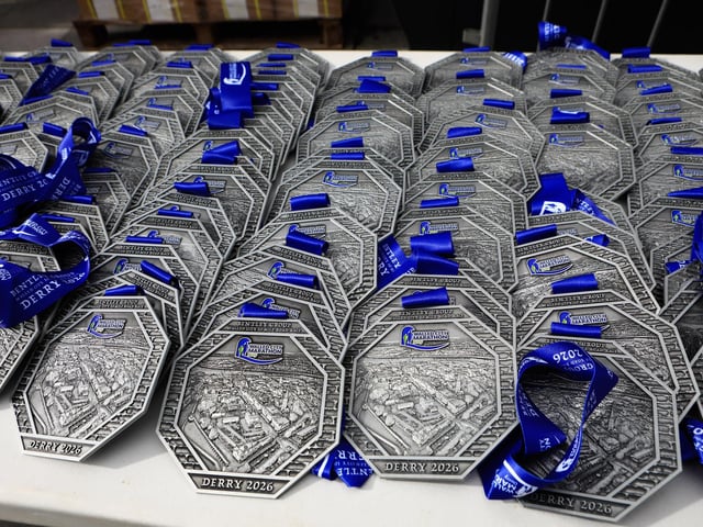 The stunning medals await participants of the Bentley Group Walled City 10 Mile race, Ebrington Square.  (Photo - Tom Heaney, nwpresspics)