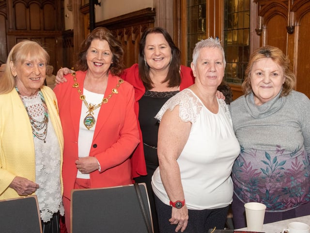 The Mayor Councillor Patricia Logue has hosted the monthly Mayor’s Tea Dance in the Guildhall included are, Rosaleen Walters, Donna Carton, Angela McGinty and Anne Marie Stewart . Picture Martin McKeown. 07.02.24