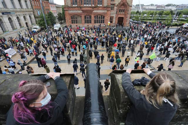 Press Eye - Belfast - Northern Ireland - 6th June 2020 - Photo by Lorcan Doherty / Press Eye.

Socially Distance Day of Solidarity Rally - Justice for George Floyd - in the Guildhall Square, Derry, organised by the North West Migrants Forum.