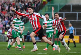 James Clarke of Derry City celebrates after scoring his side's first goal during the SSE Airtricity Men's Premier Division match between Derry City and Shamrock Rovers at Find Insurance Celtic Park in Derry. Photo by Stephen McCarthy/Sportsfile