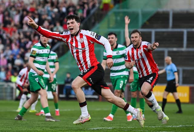 James Clarke of Derry City celebrates after scoring his side's first goal during the SSE Airtricity Men's Premier Division match between Derry City and Shamrock Rovers at Find Insurance Celtic Park in Derry. Photo by Stephen McCarthy/Sportsfile