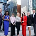 Left to Right: EY Ireland Managing Partner Frank O'Keeffe; Mayor of Derry City and Strabane District Council Lilian-Seenoi Barr; Minister for the Economy Dr Caoimhe Archibald MLA; First Minister Michelle O’Neill MLA; deputy First Minister Emma Little-Pengelly MLA; EY UK&I Regional Managing Partner Anna Anthony; and EY Northern Ireland Managing Partner Rob Heron