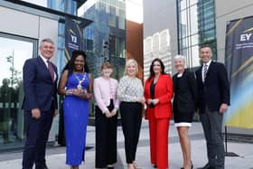 Left to Right: EY Ireland Managing Partner Frank O'Keeffe; Mayor of Derry City and Strabane District Council Lilian-Seenoi Barr; Minister for the Economy Dr Caoimhe Archibald MLA; First Minister Michelle O’Neill MLA; deputy First Minister Emma Little-Pengelly MLA; EY UK&I Regional Managing Partner Anna Anthony; and EY Northern Ireland Managing Partner Rob Heron