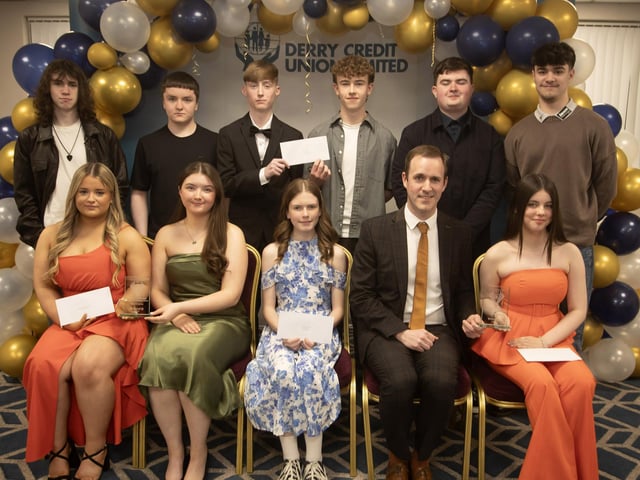 Derry Credit Union's Annual Young People's Awards 2025 winners receiving their prizes at the Waterfoot Hotel on Monday evening last from Owen McColgan, Keynote Speaker, Sarah Lindsay and Cian McLaughlin, Youth Committee members.