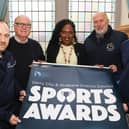 Mayor of Derry City and Strabane District Council, Councillor Lilian Seenoi Barr, with District Sports Forum members Bill Henderson (Institute FC) and Seamus McGilloway (Derry GAA), at the launch of the 2025 Derry Strabane Sports Awards. Also included are Keith Thompson, Sports Development Officer at Council and Jack McGinnis, Sports Development Assistant. (Photo - Tom Heaney, nwpresspics)