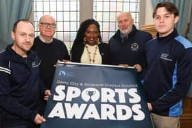 Mayor of Derry City and Strabane District Council, Councillor Lilian Seenoi Barr, with District Sports Forum members Bill Henderson (Institute FC) and Seamus McGilloway (Derry GAA), at the launch of the 2025 Derry Strabane Sports Awards. Also included are Keith Thompson, Sports Development Officer at Council and Jack McGinnis, Sports Development Assistant. (Photo - Tom Heaney, nwpresspics)
