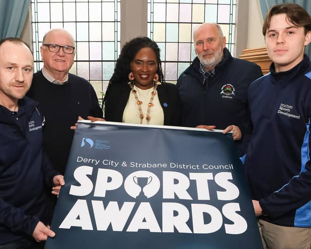 Mayor of Derry City and Strabane District Council, Councillor Lilian Seenoi Barr, with District Sports Forum members Bill Henderson (Institute FC) and Seamus McGilloway (Derry GAA), at the launch of the 2025 Derry Strabane Sports Awards. Also included are Keith Thompson, Sports Development Officer at Council and Jack McGinnis, Sports Development Assistant. (Photo - Tom Heaney, nwpresspics)