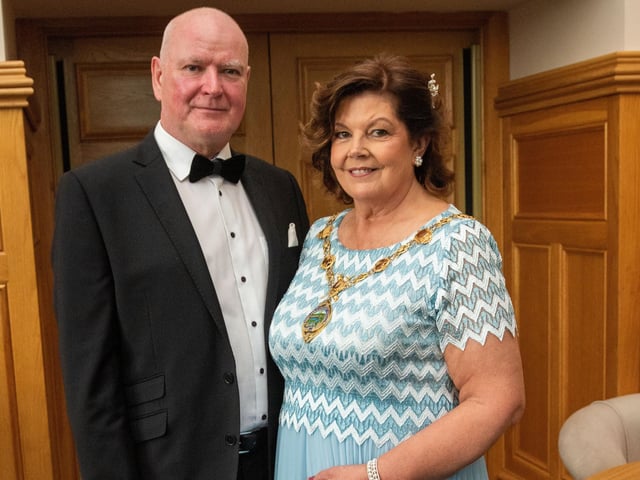 The Mayor Councillor Patricia Logue hosted the annual Mayor’s Ball in the Guildhall in aid of her crossed Charities the Foyle Hospice and Ryan McBride Foundation, pictured with her husband James. Picture Martin McKeown. 24.05.24