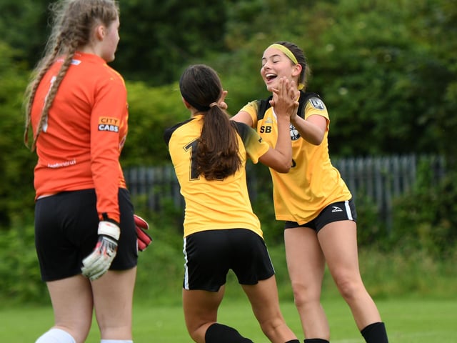 Gundo FC under-15's player Kira Bernauer celebrates after scoring against Derry City Ladies.