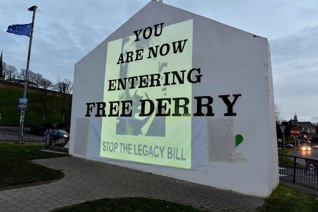 One of the images of 269 victims of state violence that were projected onto Free Derry Wall during Monday evening’s protest against the British government’s controversial Legacy Bill. The protest was organised by the Bloody Sunday Trust and the Pat Finucane Centre.  Photo: George Sweeney.  DER2313GS – 09