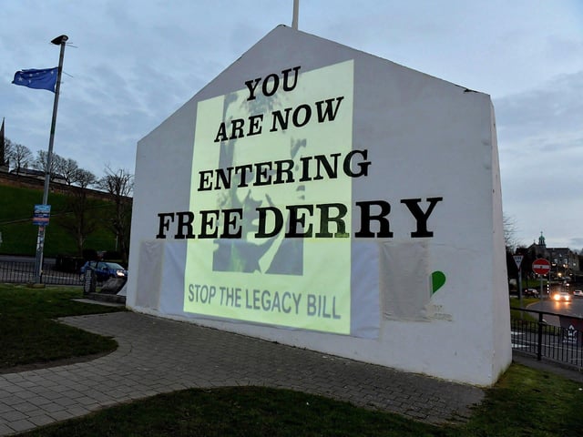 One of the images of 269 victims of state violence that were projected onto Free Derry Wall during Monday evening’s protest against the British government’s controversial Legacy Bill. The protest was organised by the Bloody Sunday Trust and the Pat Finucane Centre. Photo: George Sweeney. DER2313GS – 09