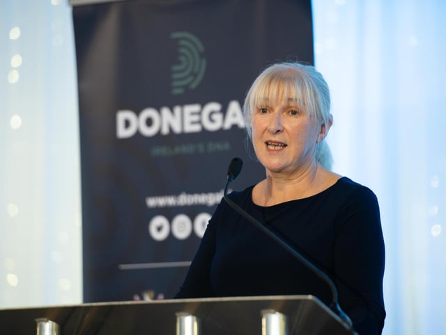 Trish Hegarty , Inish Communications MC at the Tip O'Neill irish Diaspora Awards 2024 in Inishowen Gateway Hotel on Friday last. Photo Clive Wasson