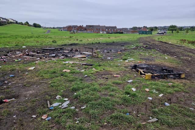 The remains of material burned during disturbances in Galliagh.