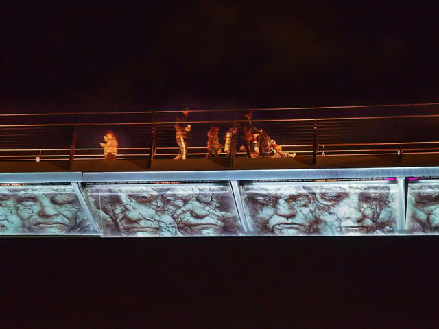 Preview of Shadow Creatures underneath the Peace Bridge. The shadow creatures dare you to continue a journey into the Forest of Shadows Trail in St Colmb’s Park.  Friday to Sunday from 6pm to 9pm. Photo: George Sweeney.  DER2243GS – 078