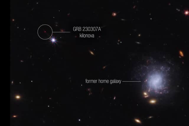 The remarkable sighting of GRB 230307A and the kilonova. The image was captured after the GRB faded and the kilonova brightened, the red dot being the kilonova. Image courtesy of NASA