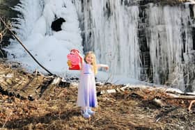 Caroline O'Donnell's three-year-old daughter Lúnasa modelling her Frozen Christmas dress beside a frozen waterfall in Ithaca, New York.