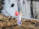 Caroline O'Donnell's three-year-old daughter Lúnasa modelling her Frozen Christmas dress beside a frozen waterfall in Ithaca, New York.