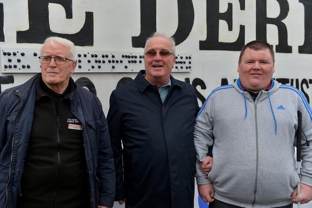 John Kelly, Museum of Free Derry, Richard Moore from Children in Crossfire and Brian from Tuned In pictured at the unveiling of Braille sign at Free Derry Coner on Tuesday afternoon. Photo: George Sweeney. DER2305GS – 63