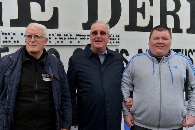 John Kelly, Museum of Free Derry,  Richard Moore from Children in Crossfire and Brian from Tuned In pictured at the unveiling of Braille sign at Free Derry Coner on Tuesday afternoon. Photo: George Sweeney. DER2305GS – 63