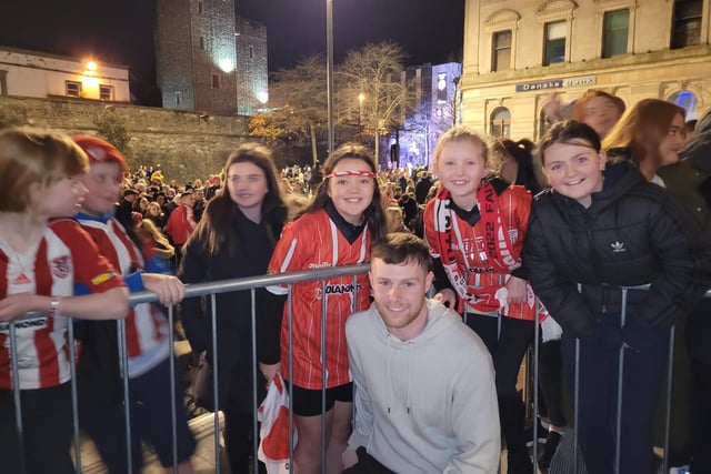 Derry City players' huge welcome home to the Guildhall Square after their FAI Cup Final win.