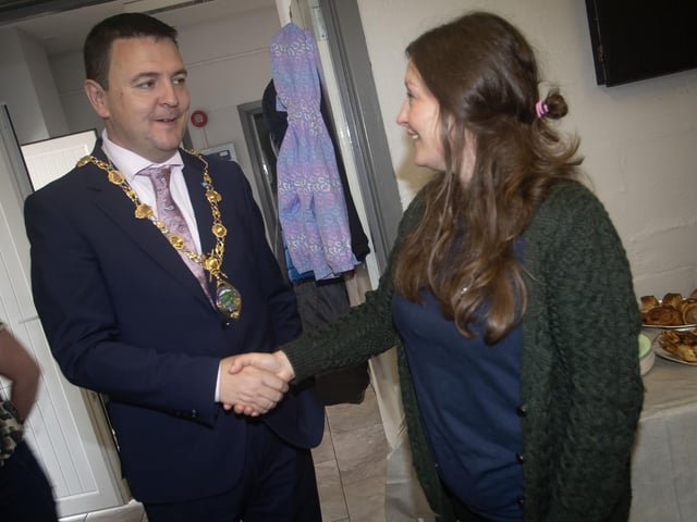 Tansy Cowley, Co-Ordinator, Waterside Together Festival, welcoming the Mayor, Ruairi McHugh to Tullyally on Sunday for the 'Dance Picnic' event. (Photos: Jim McCafferty Photography) : .